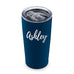 PERSONALIZED STAINLESS STEEL NAVY BLUE INSULATED TRAVEL MUG - CALLIGRAPHY PRINT