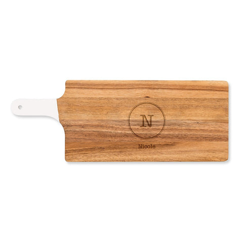 PERSONALIZED WOODEN CUTTING & SERVING BOARD WITH WHITE HANDLE  -  CIRCLE MONOGRAM