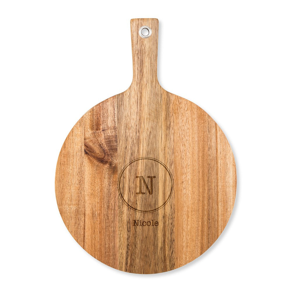 PERSONALIZED ROUND CUTTING & SERVING BOARD WITH HANDLE - CIRCLE MONOGRAM