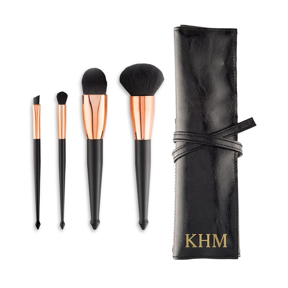 PERSONALIZED MAKEUP BRUSH SET & TRAVEL POUCH  - BLACK & ROSE GOLD
