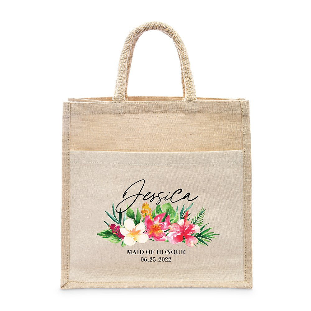 PERSONALIZED WOVEN JUTE MEDIUM TOTE BAG WITH POCKET -  TROPICAL FLORAL