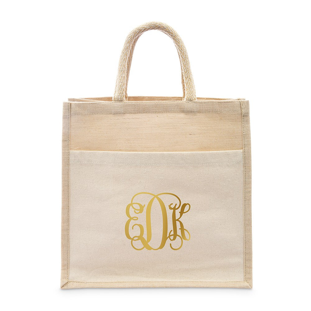 PERSONALIZED WOVEN JUTE MEDIUM TOTE BAG WITH POCKET - SCRIPT
