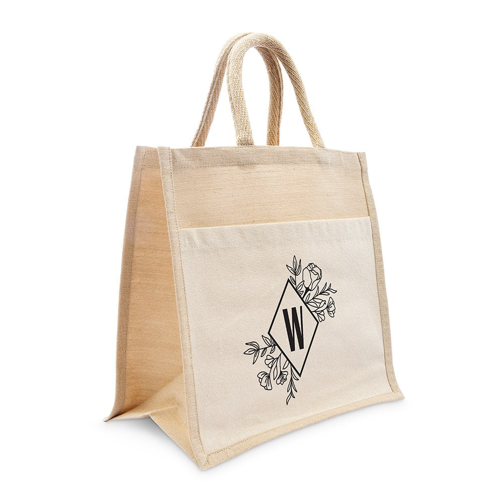 PERSONALIZED WOVEN JUTE MEDIUM TOTE BAG WITH POCKET -  FLORAL MONOGRAM