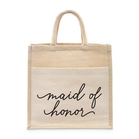 MEDIUM REUSABLE WOVEN JUTE TOTE BAG WITH POCKET - MAID OF HONOR