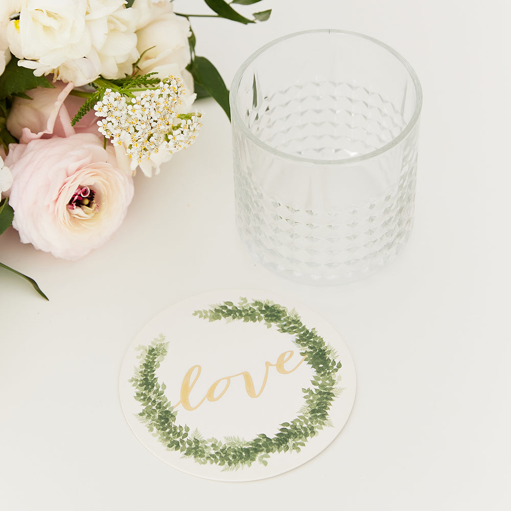 ROUND PAPER DRINK COASTERS - LOVE WREATH (set of 12)