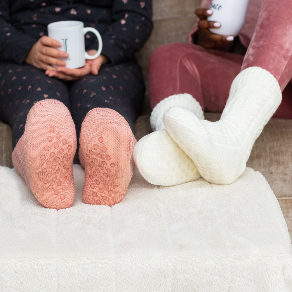 COZY SHERPA LINED CABLE KNIT SLIPPER SOCKS (sold by the pair)