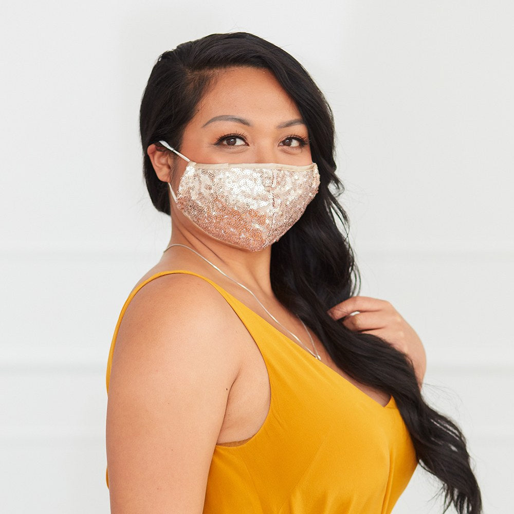 LUXURY REUSABLE, WASHABLE CLOTH FACE MASK WITH FILTER POCKET - CHAMPAGNE GOLD SEQUIN