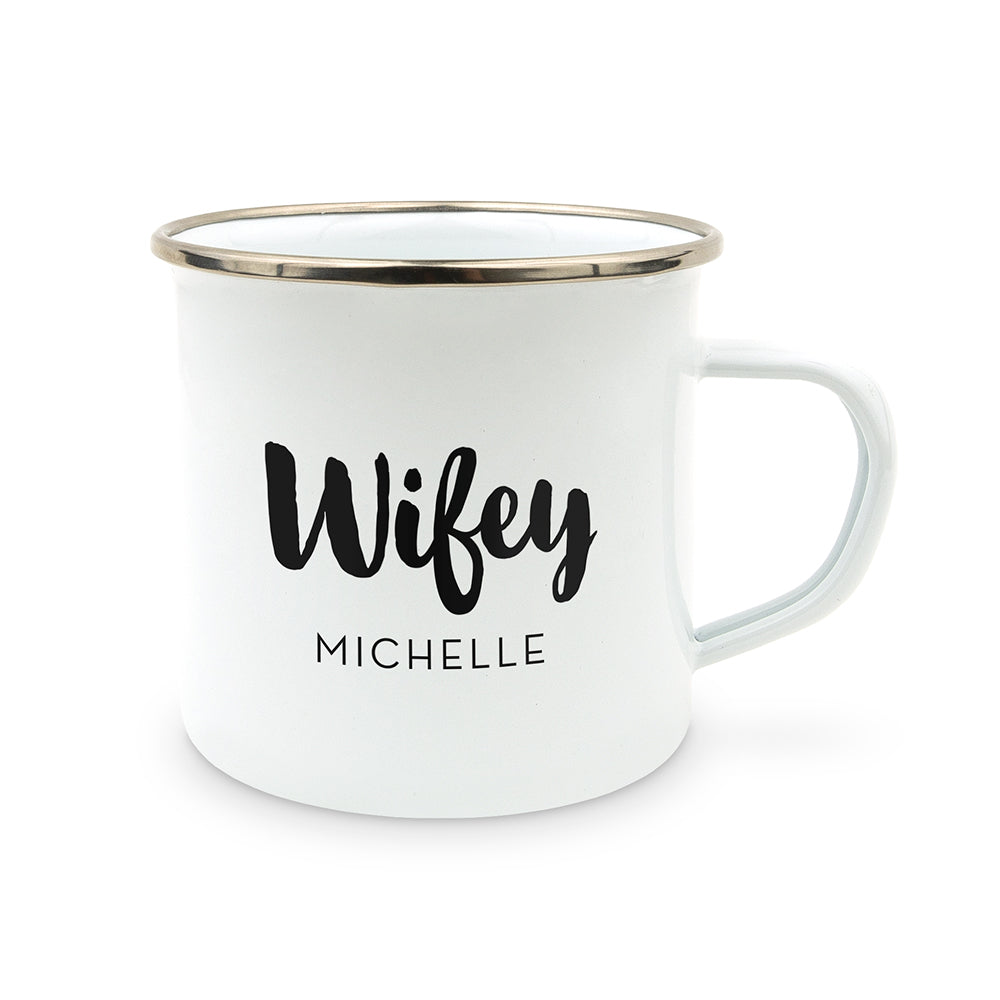 PERSONALIZED WHITE ENAMEL STAINLESS STEEL COFFEE MUG - WIFEY