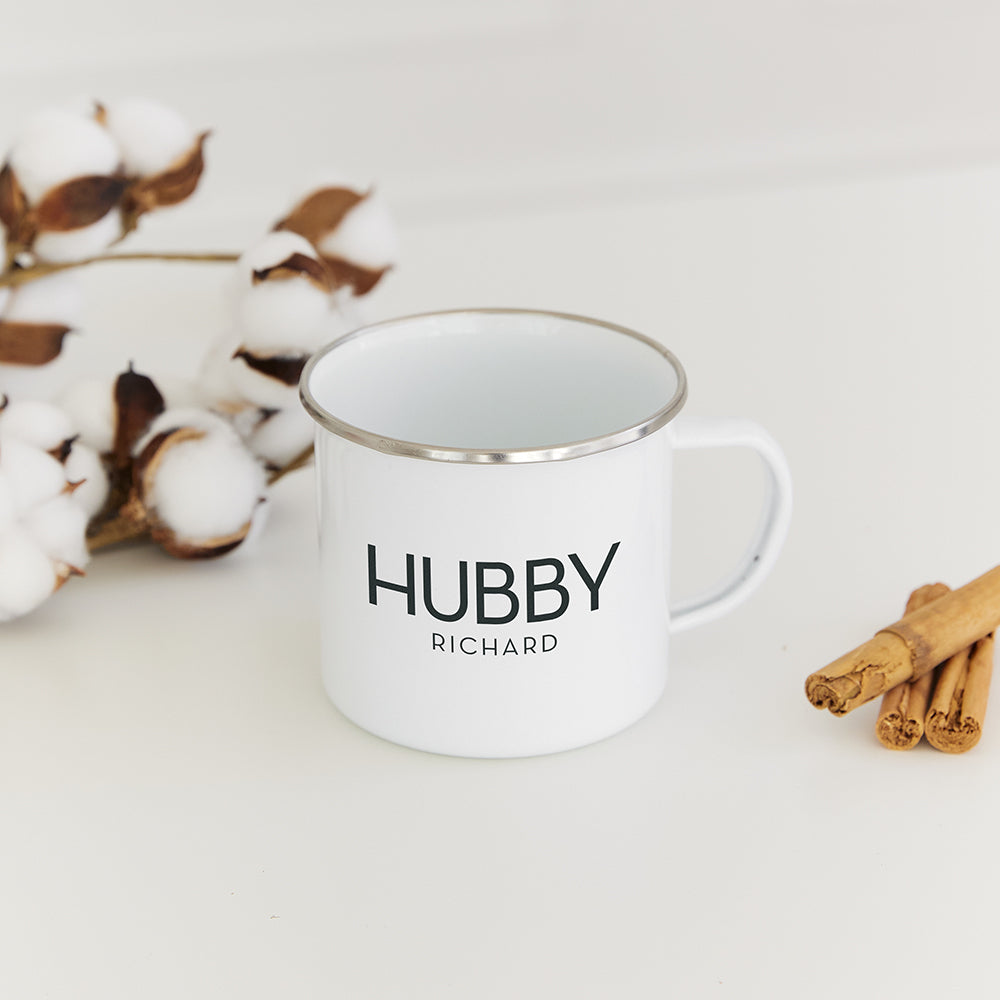 PERSONALIZED WHITE ENAMEL STAINLESS STEEL COFFEE MUG - HUBBY