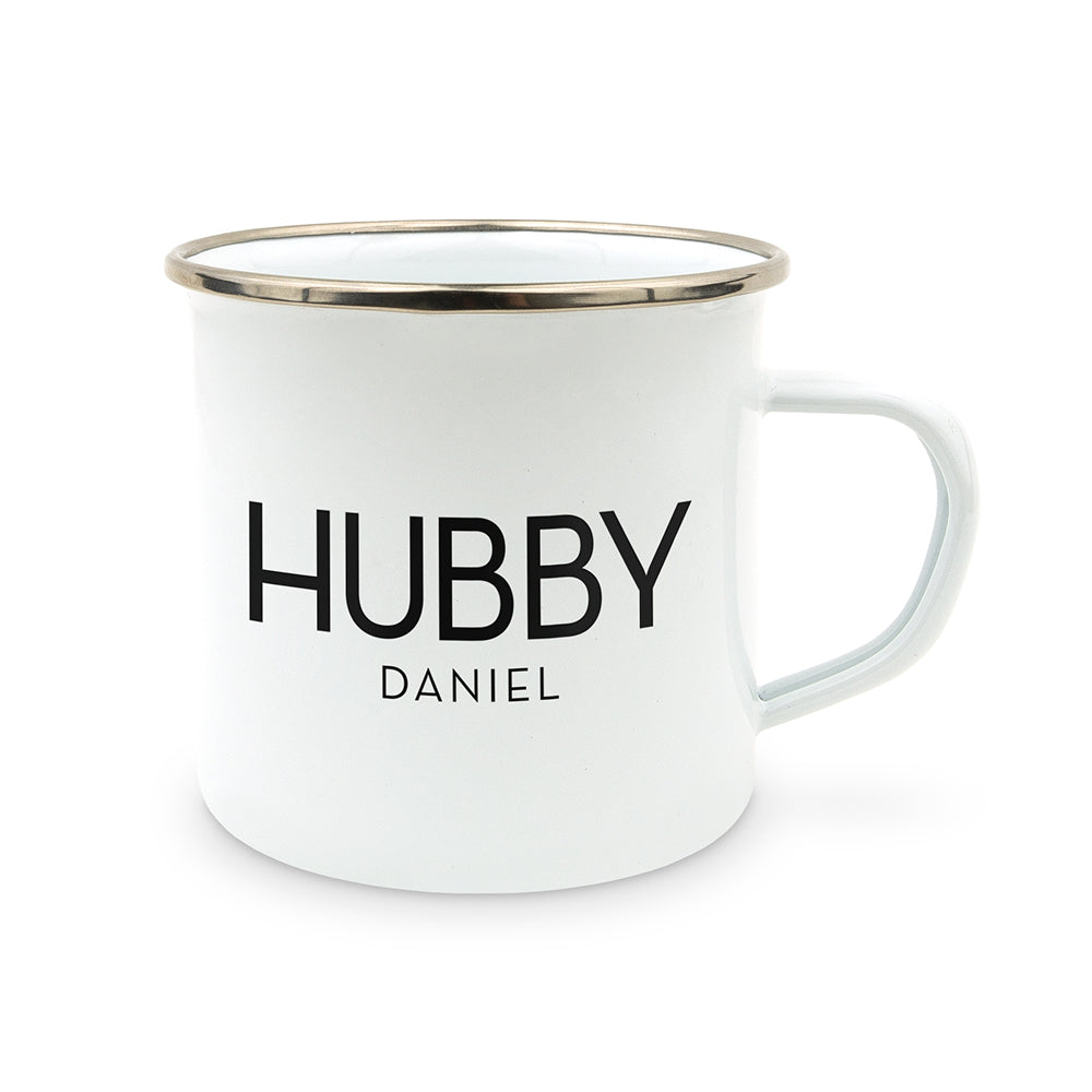 PERSONALIZED WHITE ENAMEL STAINLESS STEEL COFFEE MUG - HUBBY