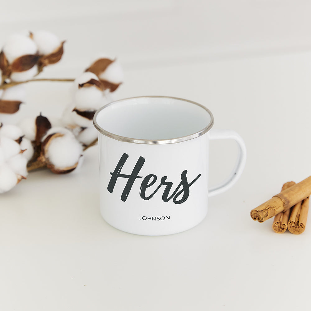 PERSONALIZED WHITE ENAMEL STAINLESS STEEL COFFEE MUG - HERS