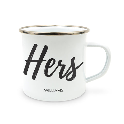 PERSONALIZED WHITE ENAMEL STAINLESS STEEL COFFEE MUG - HERS