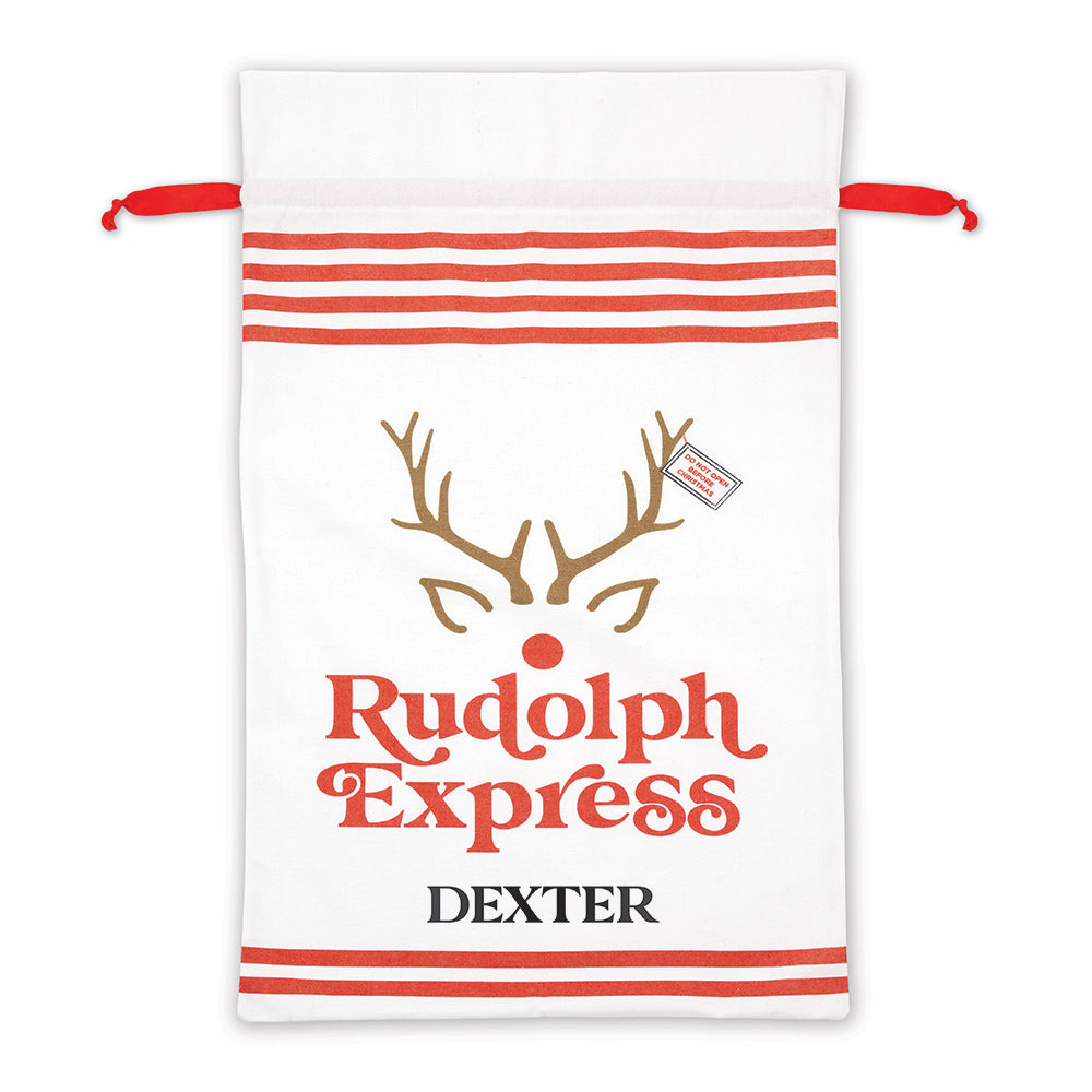 LARGE PERSONALIZED DRAWSTRING SANTA SACK FOR GIFTS -  RUDOLPH EXPRESS