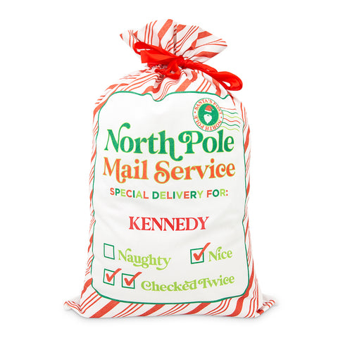 LARGE PERSONALIZED DRAWSTRING SANTA SACK FOR GIFTS -  NORTH POLE DELIVERY