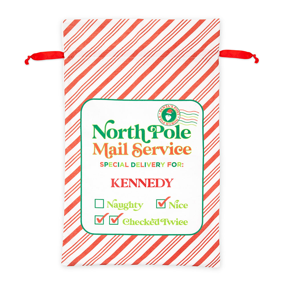 LARGE PERSONALIZED DRAWSTRING SANTA SACK FOR GIFTS -  NORTH POLE DELIVERY