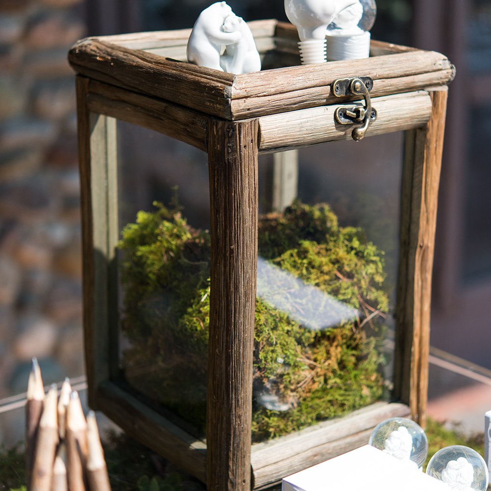 RUSTIC WOOD & GLASS BOX WITH HINGED LID