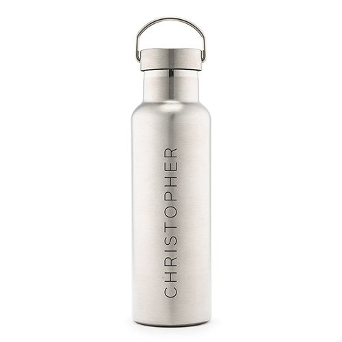 PERSONALIZED CHROME WATER BOTTLE WITH HANDLE - CONTEMPORARY VERTICAL LINE PRINT - AyaZay Wedding Shoppe