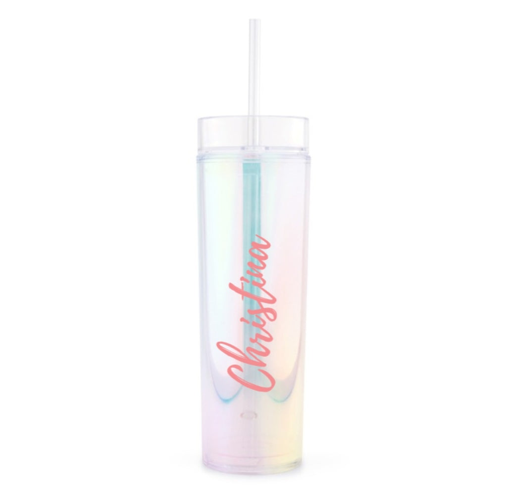 IRIDESCENT PERSONALIZED PLASTIC DRINK TUMBLER - CALLIGRAPHY TEXT PRINTING