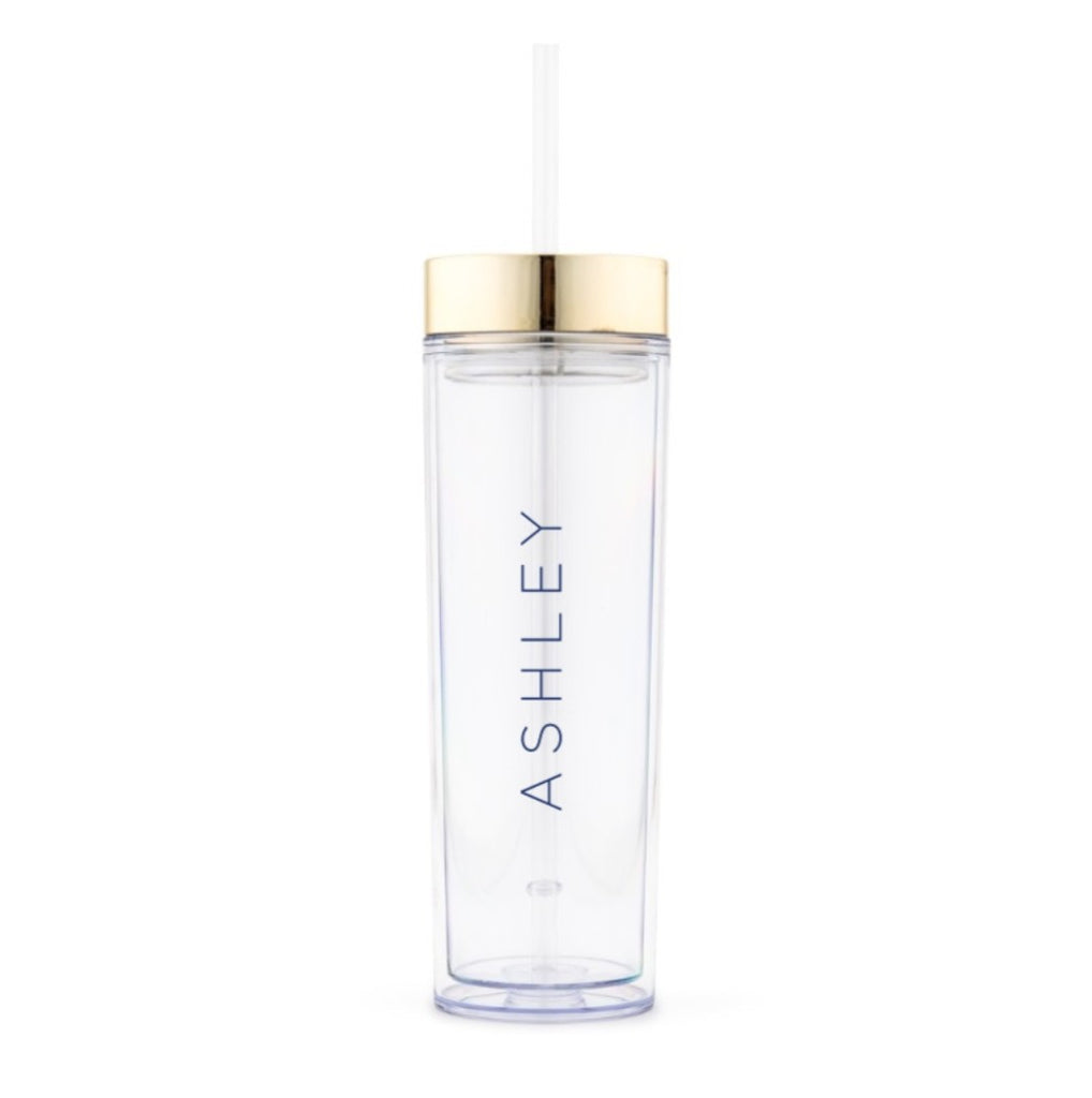 GOLD PERSONALIZED PLASTIC DRINK TUMBLER - CONTEMPORARY VERTICAL LINE PRINTING