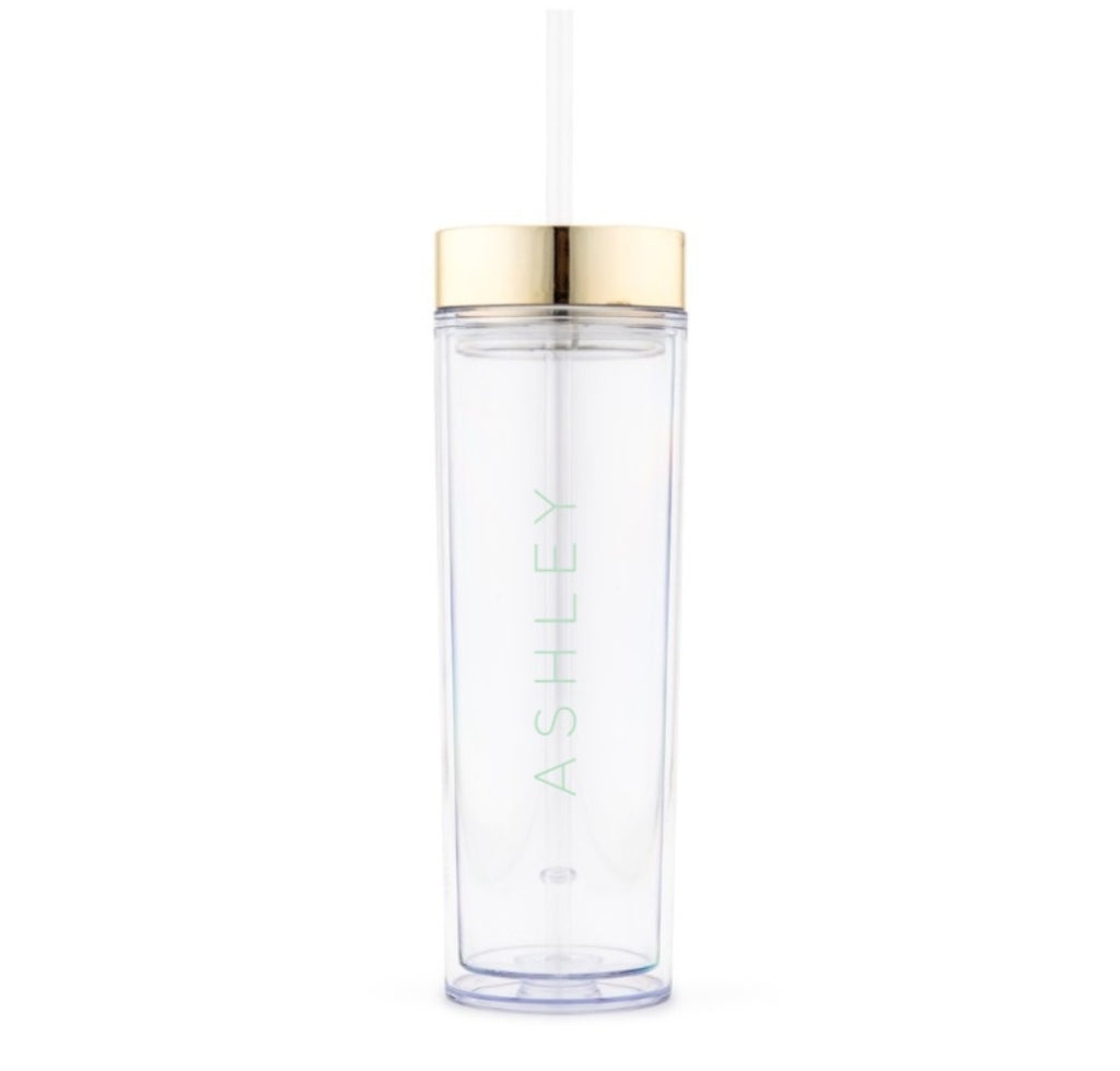 GOLD PERSONALIZED PLASTIC DRINK TUMBLER - CONTEMPORARY VERTICAL LINE PRINTING
