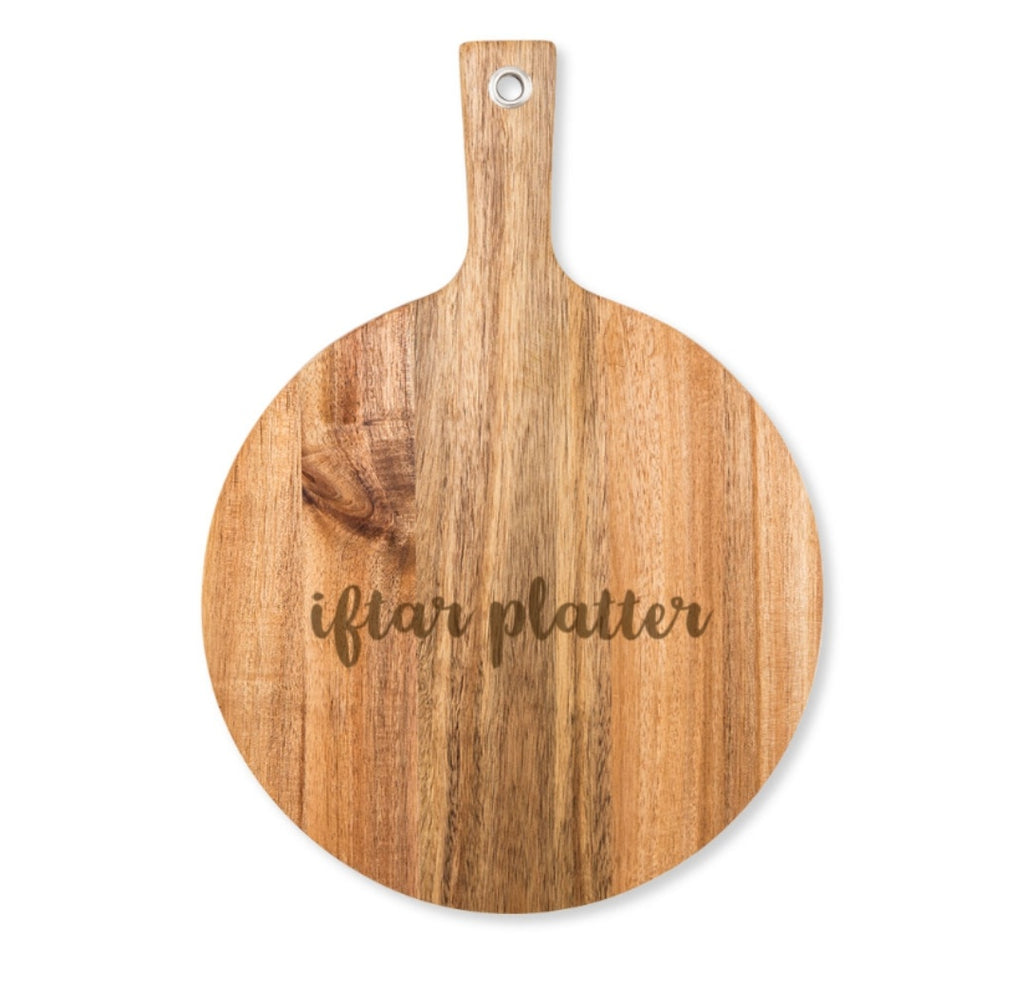 "iftar platter" WOODEN ROUND CUTTING BOARD WITH HANDLE
