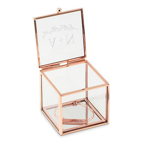 SMALL GLASS JEWELRY BOX WITH ROSE GOLD EDGES - GARLAND UNDER ETCHING - AyaZay Wedding Shoppe