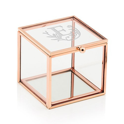 SMALL GLASS JEWELRY BOX WITH ROSE GOLD EDGES - MODERN FAIRY TALE ETCHING - AyaZay Wedding Shoppe