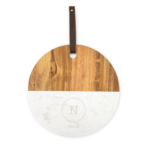 PERSONALIZED ROUND MARBLE & WOOD SERVING BOARD - CIRCLE MONOGRAM