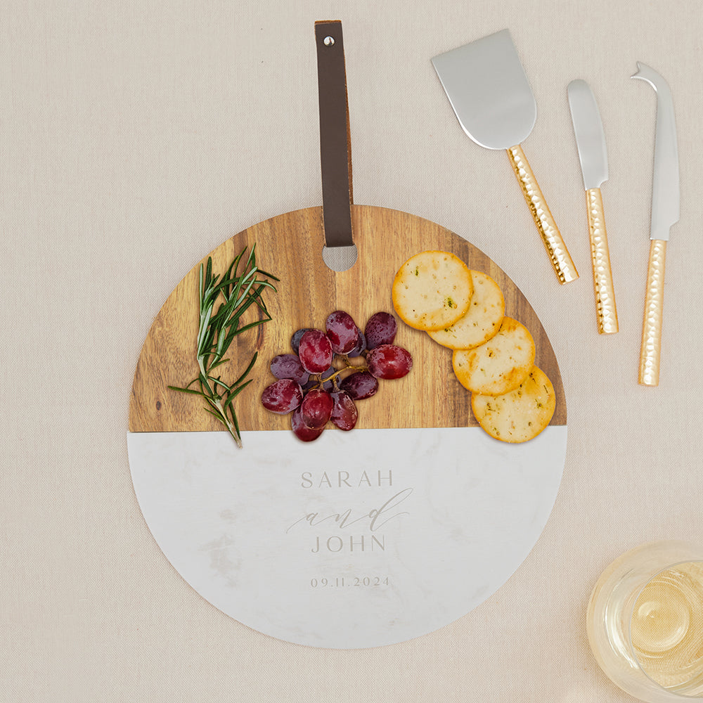 PERSONALIZED ROUND MARBLE & WOOD SERVING BOARD - MODERN COUPLE