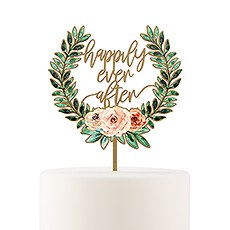 NATURAL WOOD FULL COLOUR CAKE TOPPER - FLORAL HAPPILY EVER AFTER