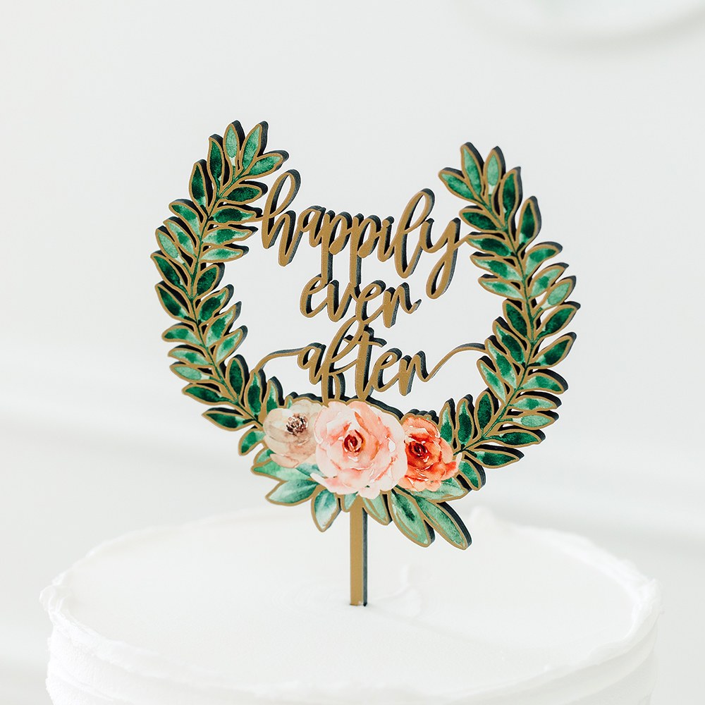 NATURAL WOOD FULL COLOUR CAKE TOPPER - FLORAL HAPPILY EVER AFTER