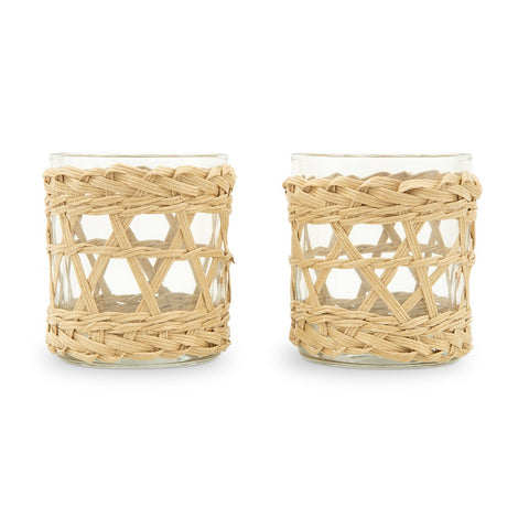 WOVEN STRAW & GLASS VOTIVE CANDLE HOLDER - NATURAL (SET OF 4)